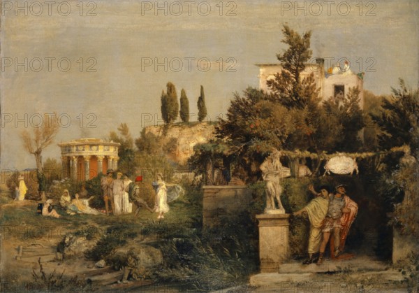 Arnold Böcklin (born 16 October 1827, died January 1901), Swiss painter, draughtsman, graphic artist and sculptor of Symbolism: Ancient Roman Tavern (1866), Painting, Reproduction of the painting, Work of art, Historical, An idyllic garden scene with architecture and figures in antique clothing