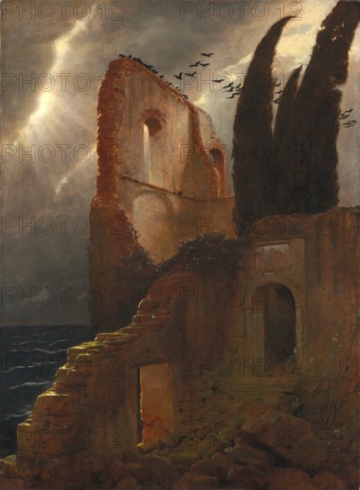 Arnold Böcklin (born 16 October 1827, died January 1901), Swiss painter, draughtsman, graphic artist and sculptor of Symbolism: Ruin by the Sea (1881), Painting, Reproduction of the painting, Artwork, Historical, Dramatic ruins in a cloudy sky with birds flying by