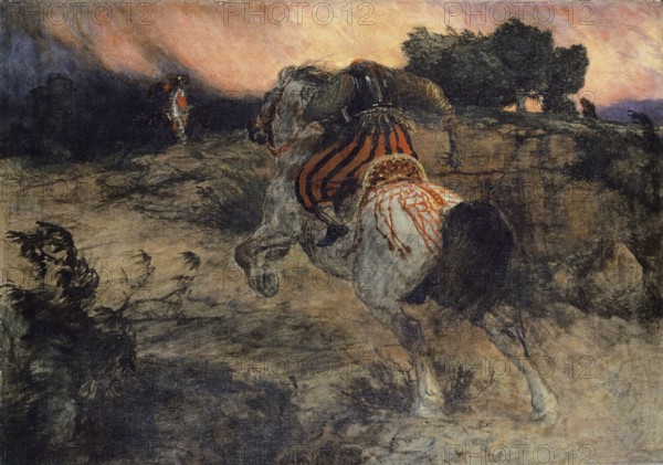 Arnold Böcklin (born 16 October 1827, died January 1901), Swiss painter, draughtsman, graphic artist and sculptor of Symbolism: Astolf Riding Away with the Head of Orill (1873), Painting, Reproduction of the painting, Work of art, Historical, A rider on a galloping horse in a dramatic landscape at dusk