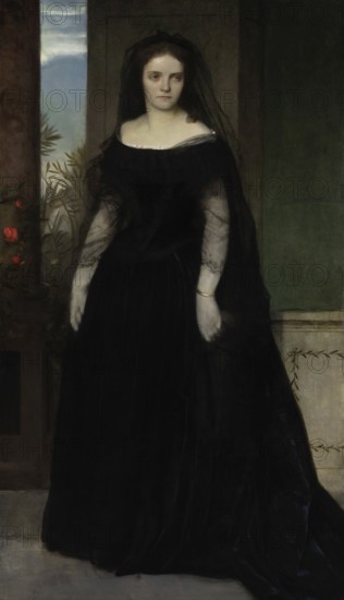 Arnold Böcklin (born 16 October 1827, died January 1901), Swiss painter, draughtsman, graphic artist and sculptor of Symbolism: portrait of the Actress Fanny Janauschek (1861), Painting, Reproduction of the painting, Work of art, Historical, A woman in a black dress with a sad expression in an interior room
