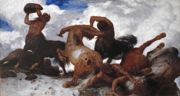 Arnold Böcklin (born 16 October 1827, died January 1901), Swiss painter, draughtsman, graphic artist and sculptor of Symbolism: Battle of the Centaur (1872-1873), Painting, Reproduction of the painting, Work of art, Historical, A dramatic battle between centaurs under stormy clouds