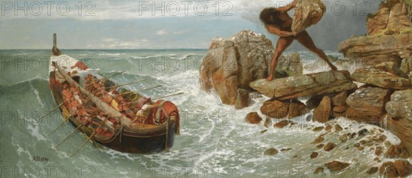 Arnold Böcklin (born 16 October 1827, died January 1901), Swiss painter, draughtsman, graphic artist and sculptor of Symbolism: Odysseus And Polyphemus (1896), Painting, Reproduction of the painting, Work of art, Historical, A giant throws rocks at a boat in a stormy sea while people in the boat fight for their lives