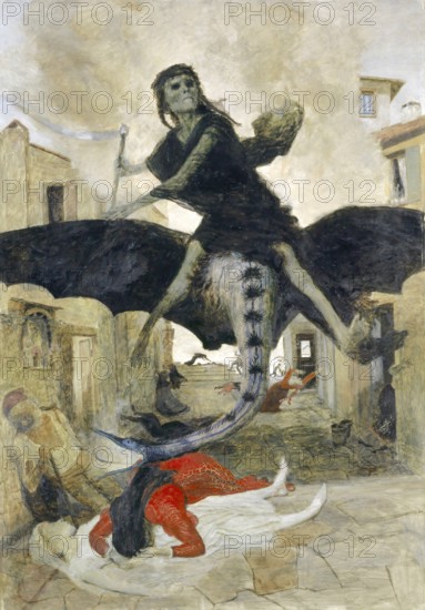 Arnold Böcklin (born 16 October 1827, died January 1901), Swiss painter, draughtsman, graphic artist and sculptor of Symbolism: The Plague (1898), painting, reproduction of the painting, artwork, historical, demon on a flying dragon above a medieval town, depicting a horrific scene