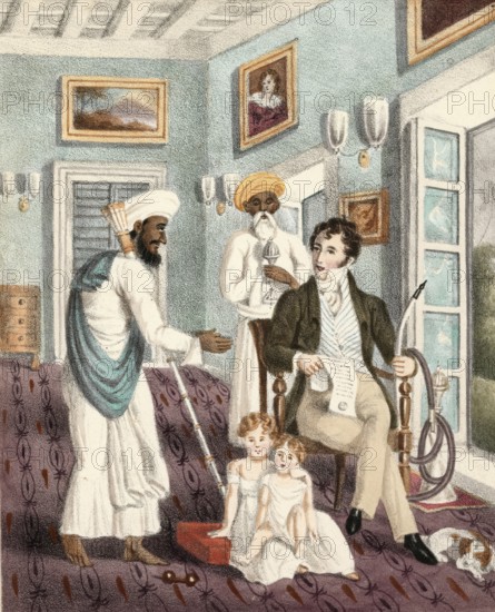 Indian with an Assaburdar or long silver rod cup, next to a colonial man with a water pipe, India, authentic, digitally restored reproduction from a 19th century model, exact date of depiction unknown, historical, men and two children in a colonial room, the host is served