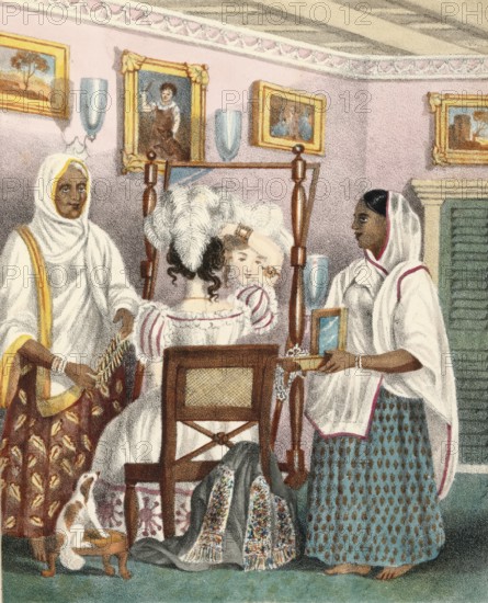 Female companions of an elegant woman in India, authentic, digitally restored reproduction from a 19th century model, exact date of depiction unknown, historical, woman in colonial areas, one being styled, elegant ambiance
