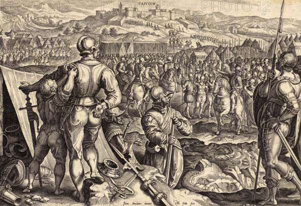 History of the Medici, The capture of Casole d'Elsa by the Medici troops (Florence) in 1478, In the foreground on the left is a soldier putting on his armour with the help of his servant, while another soldier in the centre is loading his musket. The besieged town (Casole d'Elsa) and an army camp can be seen in the background