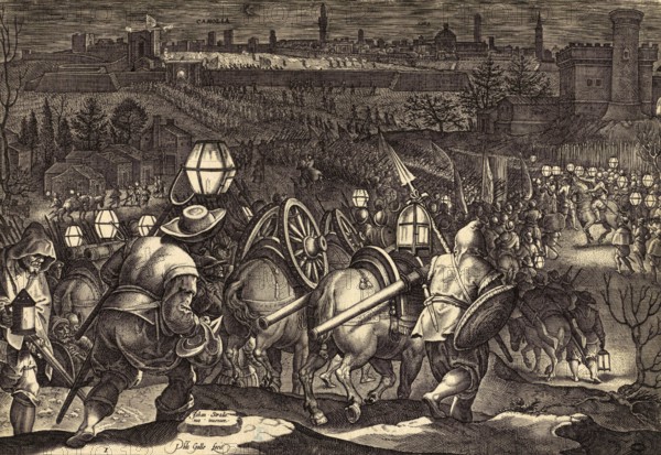 History of the Medici, The illustration shows Cosimo I de' Medici leading his troops towards Siena at night in 1555 to besiege the city. The silhouette of the city of Siena with the Porta Camollia can be seen in the background. Cosimo I de' Medici (born 12 June 1519, died 21 April 1574), Duke of Florence from 1537 and Grand Duke of Tuscany from 1569