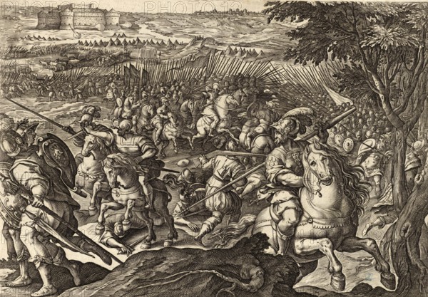 History of the Medici, scene showing Giovanni de' Medici defeating a large number of enemies who had attempted to attack the city of Parma under cover of night. A cavalry battle rages in the foreground, while the siege of a castle or fortified town can be seen in the background. Giovanni de' Medici, Giovanni dalle Bande Nere, delle Bande Nere (born 6 April 1498, died 30 November 1526), Italian condottiere