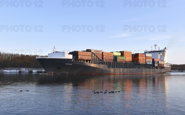 Container ship GERDA sails in the Kiel Canal, NOK, Kiel Canal, Kiel Canal, Schleswig-Holstein, Germany