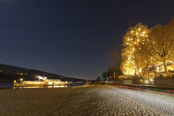 Atmospheric night view at the Blue Wonder, the decorated steamer docks on the Elbe and a large tree with Herrnhut stars glows in the Schillergarten, Blasewitz, Dresden, Saxony, Germany