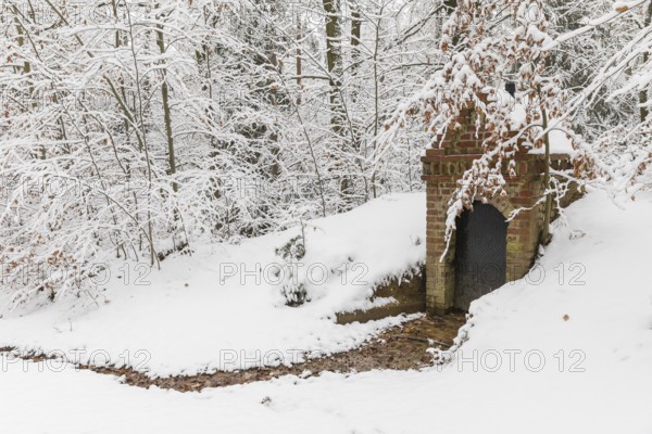 Small water spring with house in snow, Thrarandter Wald, Saxony, Germany