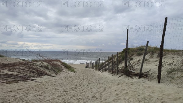 Sandy trail through dunes with sea view and fences, cloudy sky, fresh spit, Baltic Sea, Poland