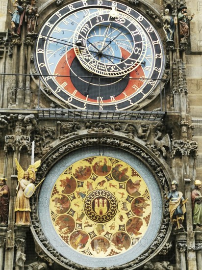 Prague City Hall, detailed astronomical with figures and colorful dial on a historic building, Prague, Czech Republic