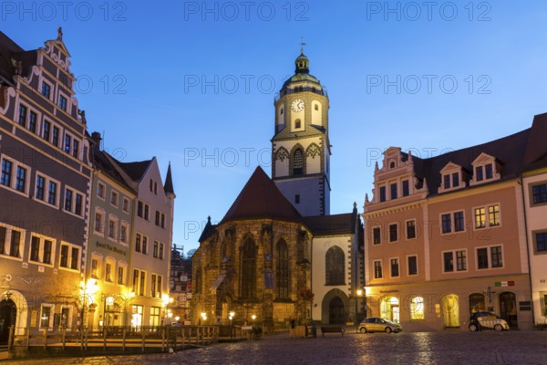 Market square with Church of Our Lady with glockenspiel at the Blue Hour, twilight view, Meissen, Saxony, Germany