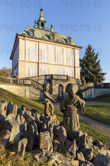 Fassan castle with fountain figures in the foreground, Moritzburg, Saxony, Germany