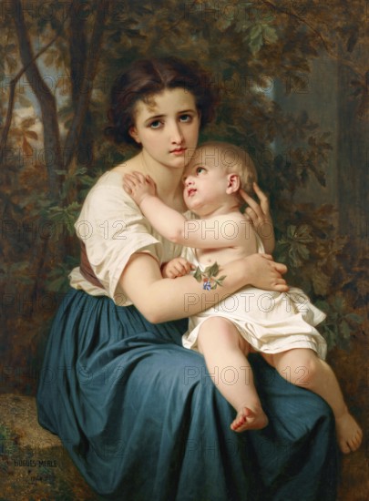Hugues Merle (1822 to 1881), French painter: Thoughts of the Future, Pensees de l'avenir (1864), a young mother in a pensive pose contemplating the future of her child, Painting, Reproduction of the painting, Work of art, Historical, Mother with child in an intimate embrace, surrounded by nature