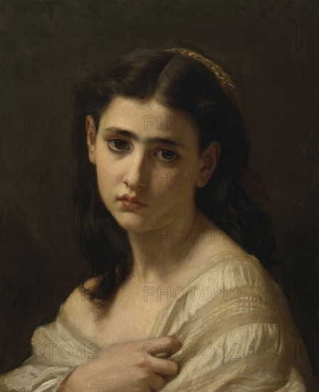 Hugues Merle (1822 to 1881), French painter: Thoughts far away, Gedanken in der Ferne (1864), Portrait of a young woman with dark hair and a pensive, almost melancholic expression, Painting, Reproduction of the painting, Work of art, Historical, Portrait of a pensive looking woman with brown hair and light-coloured dress