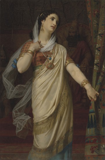 Hugues Merle (1822 to 1881), French painter: Esther (1885), Queen Esther, a central figure of the Old Testament, Painting, Reproduction of the painting, Work of art, Historical, Woman in ancient dress with sari and jewellery in an opulent room