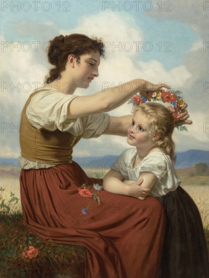 Hugues Merle (1822 to 1881), French painter: Couronne de fleurs des champs, Crown of field flowers, Wreath of field flowers, Mother has made a crown of flowers for her daughter, Painting, Reproduction of the painting, Work of art, Historical, A mother puts a wreath of flowers on her child, they sit in a flowering meadow under a bright sky