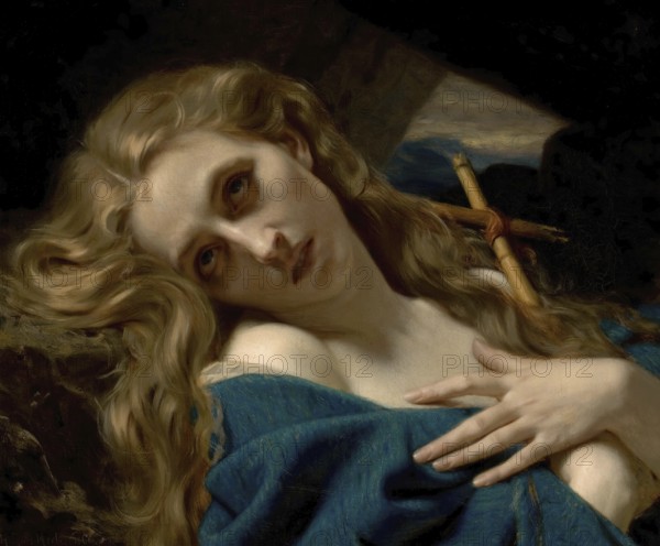 Hugues Merle (1822 to 1881), French painter: Mary Magdalene in the Cave (1868), the biblical figure of Mary Magdalene in silent isolation in a cave, Painting, Reproduction of the painting, Artwork, Historical, A woman with a sad expression lies with a wooden cross in the background, her hair flowing around her