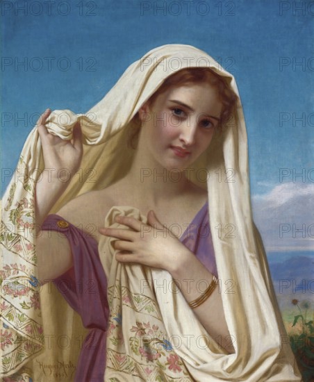 Hugues Merle (1822 - 1881), French painter: Young Girl In A Veil (1880), Half-length portrait of a young girl, her head and shoulders enveloped by a delicate, transparent veil, Painting, Reproduction of the painting, Work of art, Historical, A young woman smiles shyly and holds an embroidered hem of cloth, behind her a clear blue sky