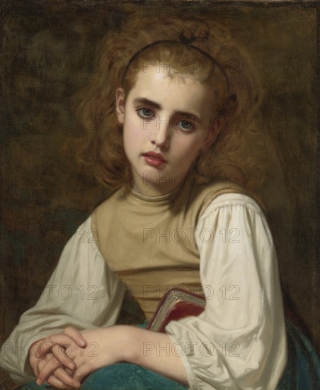 Hugues Merle (1822 to 1881), French painter: Young Beauty, Jeune beaute (1870), a young girl holding a red book in her hands, Painting, Reproduction of the painting, Work of art, Historical, A young girl with curly hair looks dreamily under a warm light. She is holding a book