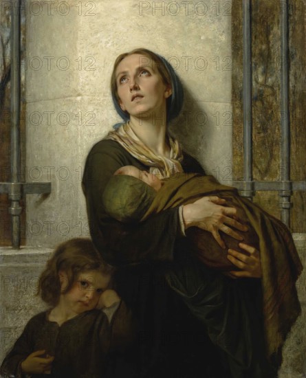 Hugues Merle (1822 - 1881), French painter: The Forgotten, The Poor Mother, A desperate mother holding a sleeping baby in her arms while another child snuggles up to her, Painting, Reproduction of the painting, Artwork, Historical, A mother looks up to the sky with a baby in her arms while a child stands by her side