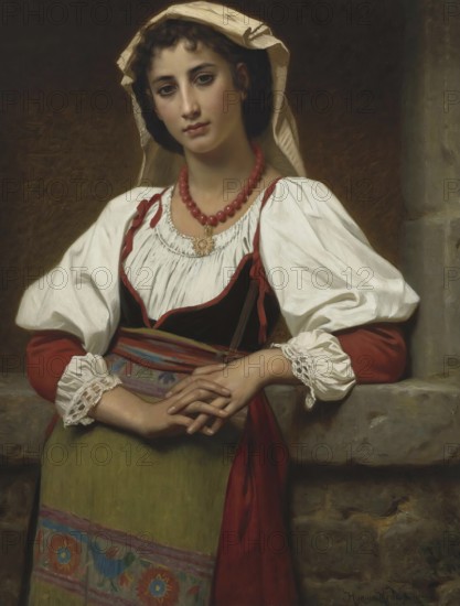 Hugues Merle (1822 to 1881), French painter: The Neapolitan Girl (1876), young woman in colourful, regional traditional costume, Painting, Reproduction of the painting, Work of art, Historical, Portrait of a woman in traditional dress with headscarf and necklace, standing in front of a stone wall
