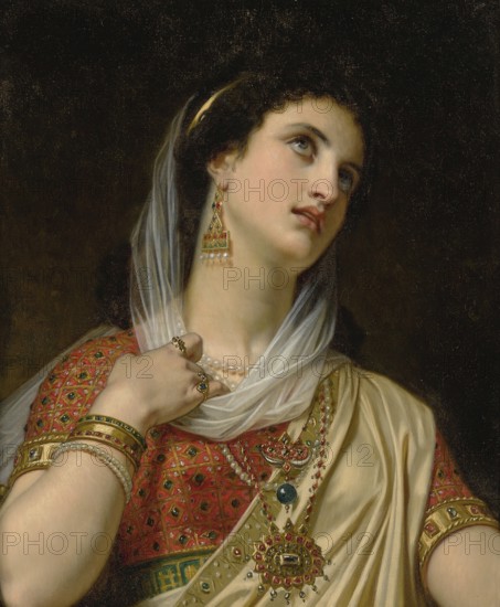 Hugues Merle (1822 to 1881), French painter: Queen Esther (1875), the biblical figure Esther, Painting, Reproduction of the painting, Work of art, Historical, Woman in traditional dress with elaborate jewellery and pensive expression