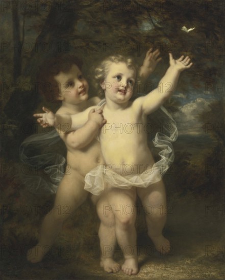 Hugues Merle (1822 - 1881), French painter: The Butterfly, Catching Butterflies, two small children, putti trying to catch a white butterfly in flight, Painting, Reproduction of the painting, Work of art, Historical, Two playful children in a natural, angelic scene with a butterfly