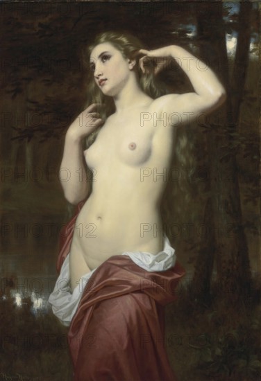 Hugues Merle (1822 to 1881), French painter: The Bather, La Baigneuse (1870), an idealised female figure in a natural setting, Painting, Reproduction of the painting, Work of art, Historical, Nude woman standing sensually in a forest, a red scarf wrapped around her body