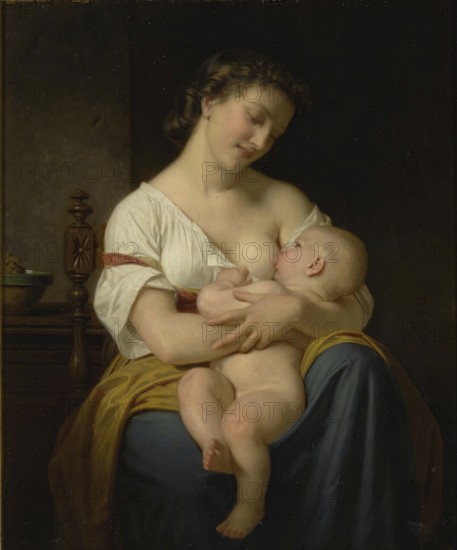 Hugues Merle (1822 to 1881), French painter: Mother And Child (1869), Mother tenderly holding her child, Painting, Reproduction of the painting, Artwork, Historical, Mother lovingly breastfeeding her baby in an intimate, domestic atmosphere