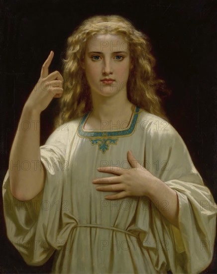 Hugues Merle (1822 to 1881), French painter: Pensez a Dieu, Remember God (1876), a young woman or a mother figure in a pensive or devout attitude, Painting, Reproduction of the painting, Work of art, Historical, Young woman with a meaningful expression and raised finger against a dark background