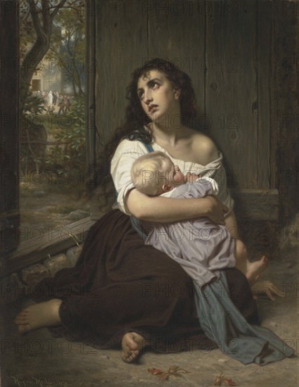 Hugues Merle (1822 - 1881), French painter: L'abandonnee, The Abandoned (1872), A young woman desperately holding a sleeping child in her arms, Painting, Reproduction of the painting, Artwork, Historical, Desperate mother with child in her arms, sitting in a forest, hopeless mood