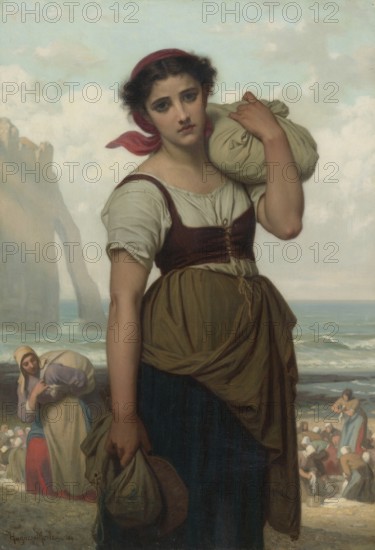 Hugues Merle (1822 to 1881), French painter: The Washerwoman of Etretat, Laveuse D'étretat (1869), A young woman in traditional dress stands on the shore of the ocean carrying a heavy laundry bag over her shoulder, Painting, Reproduction of the painting, Artwork, Historical, Woman with fish bags on the shore, Tired and sad expression