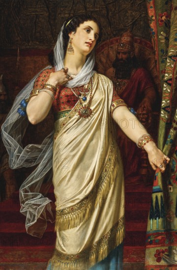Hugues Merle (1822 to 1881), French painter: Esther in front of Ahasuerus (1875), the biblical heroine Esther who comes in front of Ahasuerus to beg him to spare her people, Painting, Reproduction of the painting, Work of art, Historical, Magnificently dressed woman with jewellery, majestic atmosphere in front of a throne