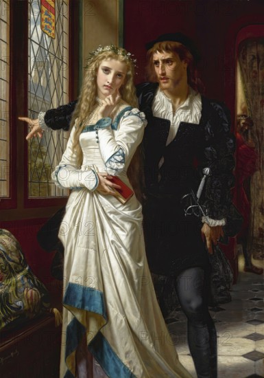Hugues Merle (1822 to 1881), French painter: Hamlet And Ophelia (1873), Painting, Reproduction of the painting, Work of art, Historical, Medieval dressed couple looking out of a castle window, exciting atmosphere