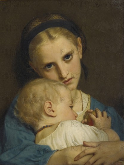 Hugues Merle (1822 to 1881), French painter: Affection, Maternal affection, a tender, loving scene between a mother and her child, Painting, Reproduction of the painting, Work of art, Historical, Girl holding a child protectively, Feeling of security and sadness