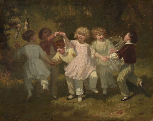 Hugues Merle (1822 to 1881), French painter: Children Playing in a Park, Children Playing in a Park (1860), Painting, Reproduction of the painting, Work of art, Historical, Children playing happily dancing in an outdoor garden
