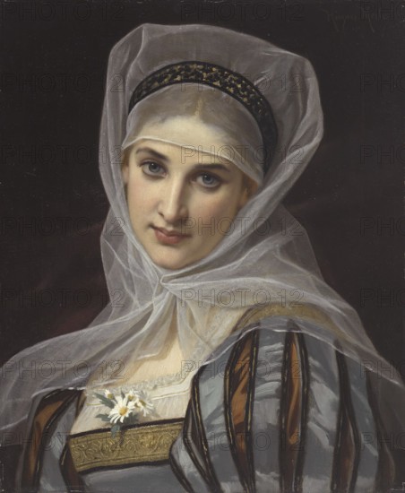 Hugues Merle (1822 to 1881), French painter: Marguerite (1878), a young woman in a medieval-style dress with a striking white veil and an embroidered headband. Attached to her top are small white flowers (daisies or marguerites), Painting, Reproduction of the painting, Work of art, Historical, Young woman with headscarf and calm expression, held in Renaissance style