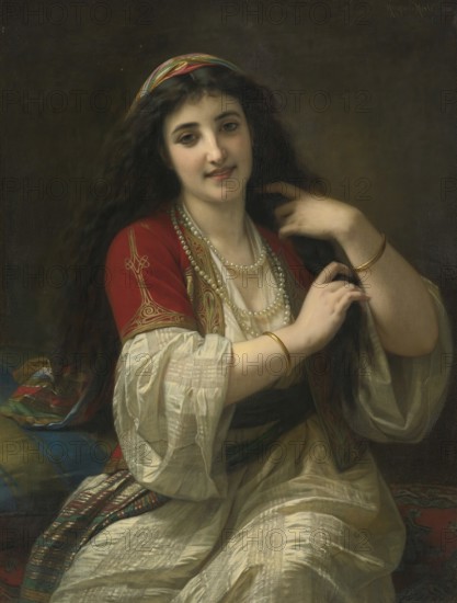 Hugues Merle (1822 to 1881), French painter: Eine türkische Schönheit, a turkish beauty (1868), Painting, Reproduction of the painting, Work of art, Historical, Woman with traditional dress, smiling and relaxed, surrounded by decorative fabrics