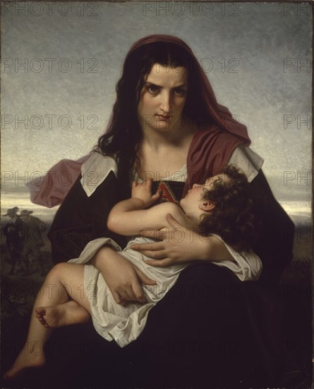 Hugues Merle (1822 to 1881), French painter: The Scarlet Letter (1861), The painting shows Hester Prynne, who is publicly humiliated in 17th century Puritan Boston and has to wear the scarlet letter A as a punishment for adultery, Painting, Reproduction of the painting, Work of art, Historical, A woman holds an infant in her arms and looks serious. A field landscape is visible in the background