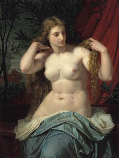 Hugues Merle (1822 to 1881), French painter: Bathsebee, Bathsheba is in the Jewish Tanakh and in the Christian Old Testament of the Bible the mother of King Solomon and a progenitor of Jesus, Painting, Reproduction of the painting, Work of art, Historical, Young woman with long hair in front of a red curtain in a sensual pose