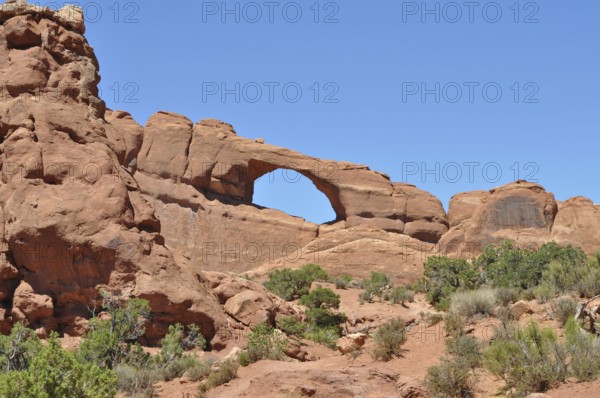 Skyline Arch, a large rock arch in a barren desert landscape, Arches National Park, Utah, USA