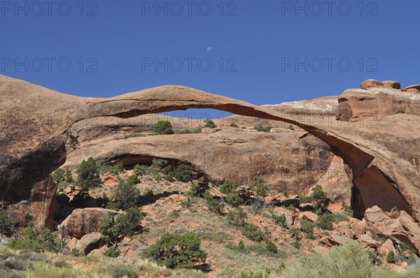 Landscape Arch, an imposing, far-reaching rock arch in a rocky desert environment, Arches National Park, Utah, USA