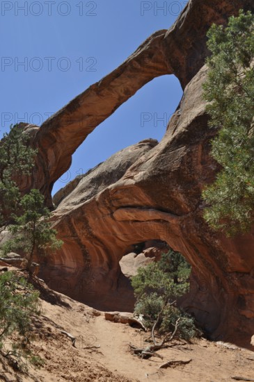 Double O Arch, a double rock arch arching gracefully in a sunny desert landscape, Arches National Park, Utah, USA