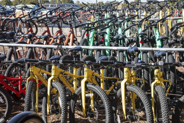 Grand Canyon National Park, Arizona - Bicycles for rent at the Grand Canyon. The bicycles are for use only on the rim, and cannot be ridden into the Canyon