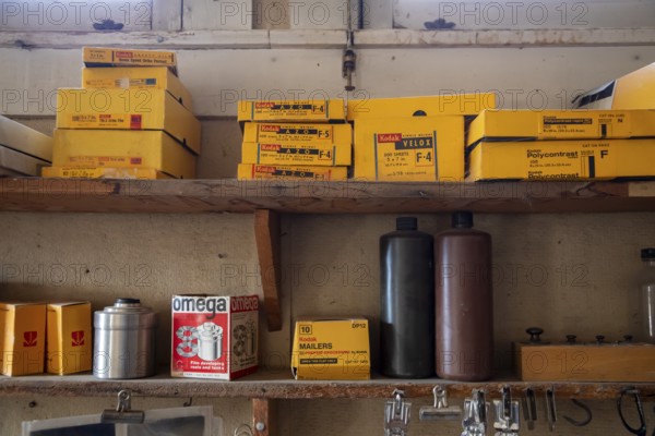 Grand Canyon National Park, Arizona - Boxes of photography supplies in the historic Kolb Studio on the Canyon's South Rim. In 1903, Ellsworth and Emery Kolb established their photography studio and home here and photographed mule riders descending the Bright Angel Trail