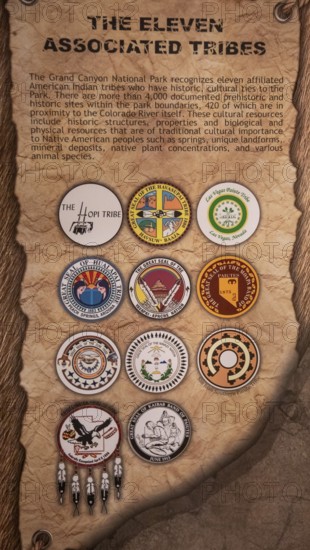 Grand Canyon National Park, Arizona - Hopi House, on the Canyon's South Rim, sells Native American arts and crafts. It displays the seals of the 11 affiliated tribes that have historic connections to the Canyon