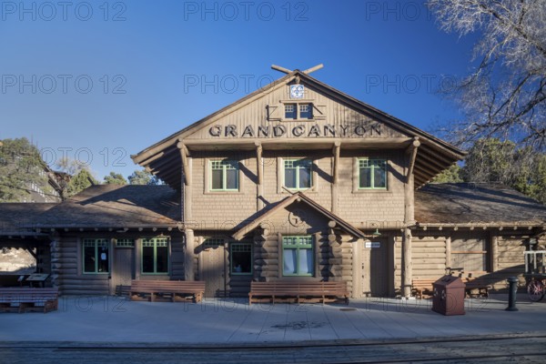 Grand Canyon National Park, Arizona - The Grand Canyon railroad station. Grand Canyon Railway runs daily trains to the Canyon from Williams, Arizona. The depot is one of only three remaining log train stations in the U.S